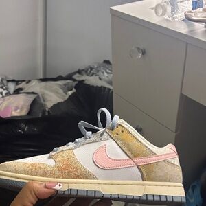 Nike Dunk Low in White, Pink & Yellow Suede